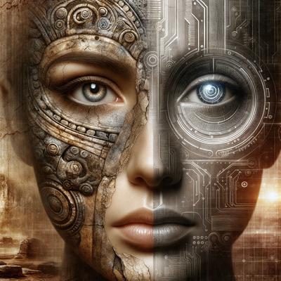 The primary subject of the image is a woman with a mix of human and robotic features. She has a human face with a nose, mouth, and eyes, but her head is adorned with a robotic or futuristic design. The setting is a futuristic environment, with the woman's face surrounded by a backdrop of a computer or robotic-like elements. The visual style is a combination of digital art and illustration, creating a unique and intriguing image. The colors and mood of the image